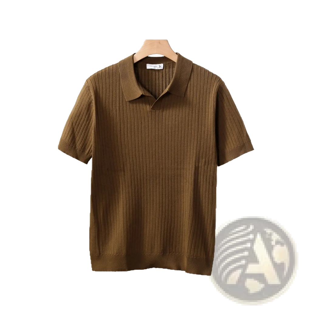 Brown ribbed knit polo shirt with classic collar and short sleeves made from striped jacquard knit fabric