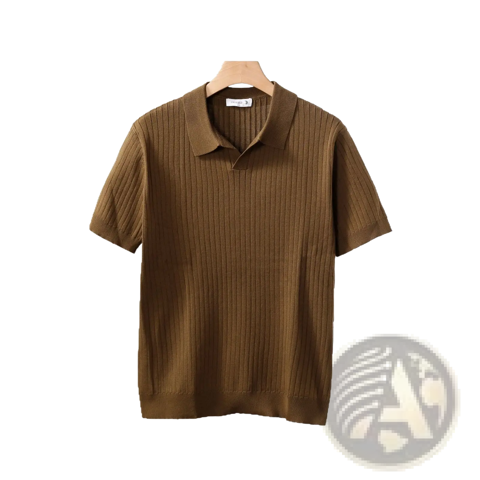 Brown ribbed knit polo shirt with classic collar and short sleeves made from striped jacquard knit fabric