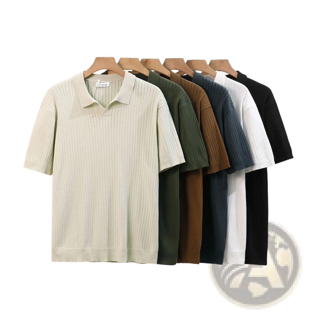 A cream-colored ribbed knit polo shirt with classic collar and short sleeves among solid-toned options