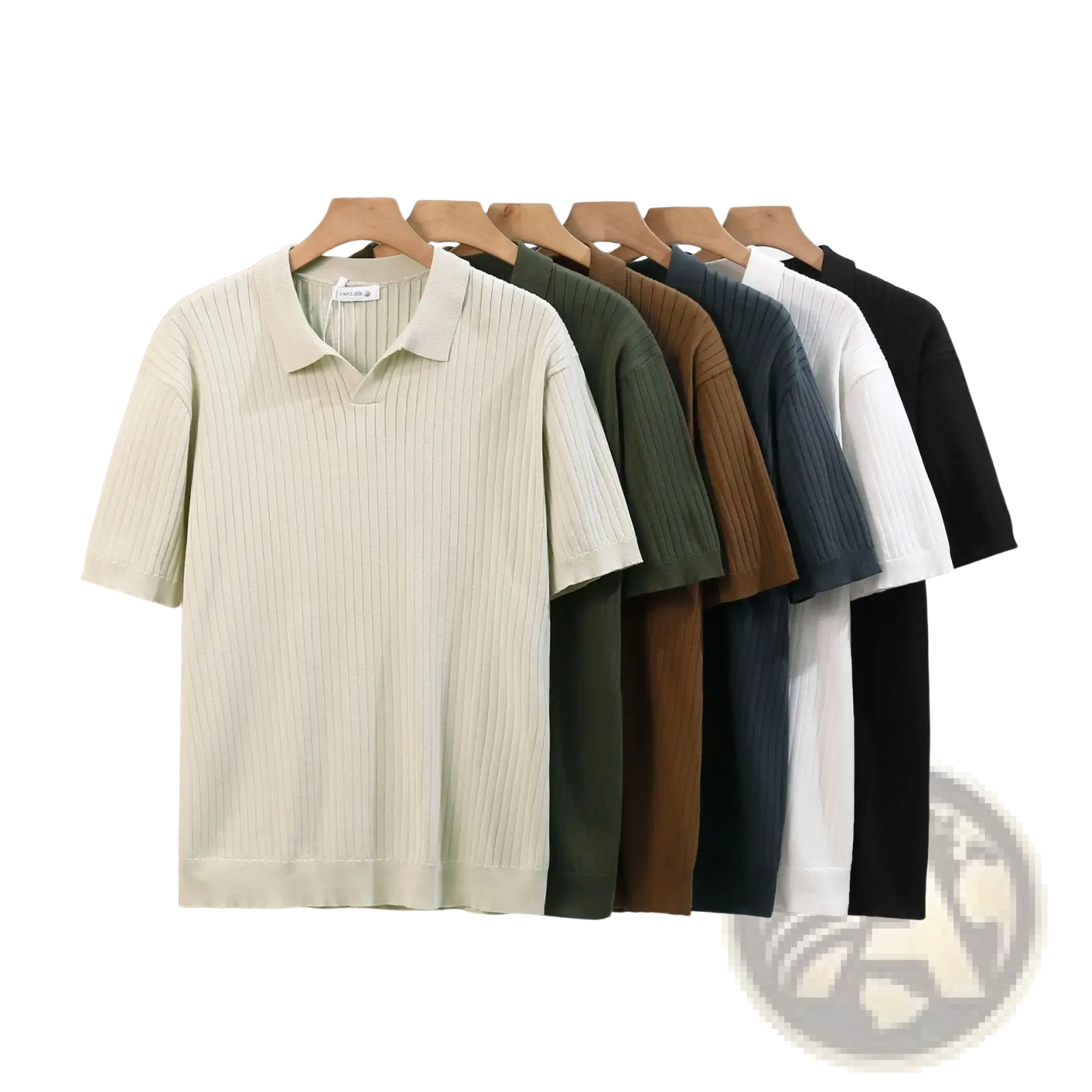 A cream-colored ribbed knit polo shirt with classic collar and short sleeves among solid-toned options