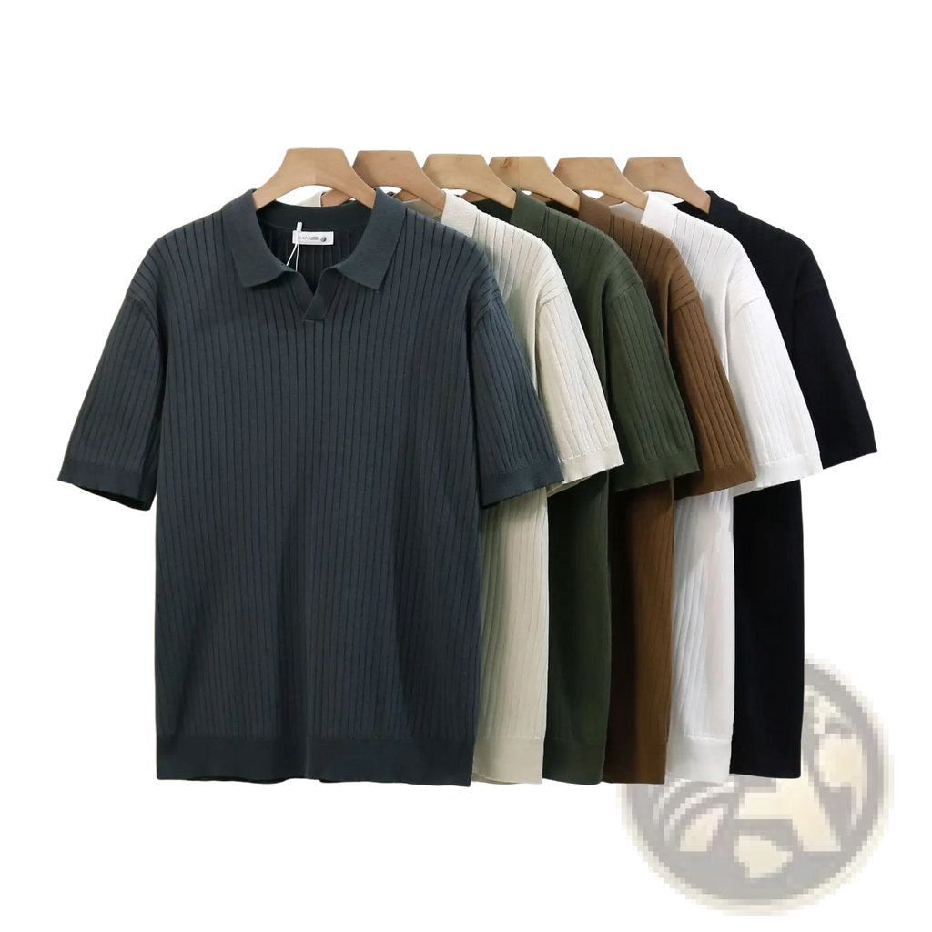 Dark gray ribbed knit polo shirt with classic collar and short sleeves from the striped jacquard knit polo shirt collection