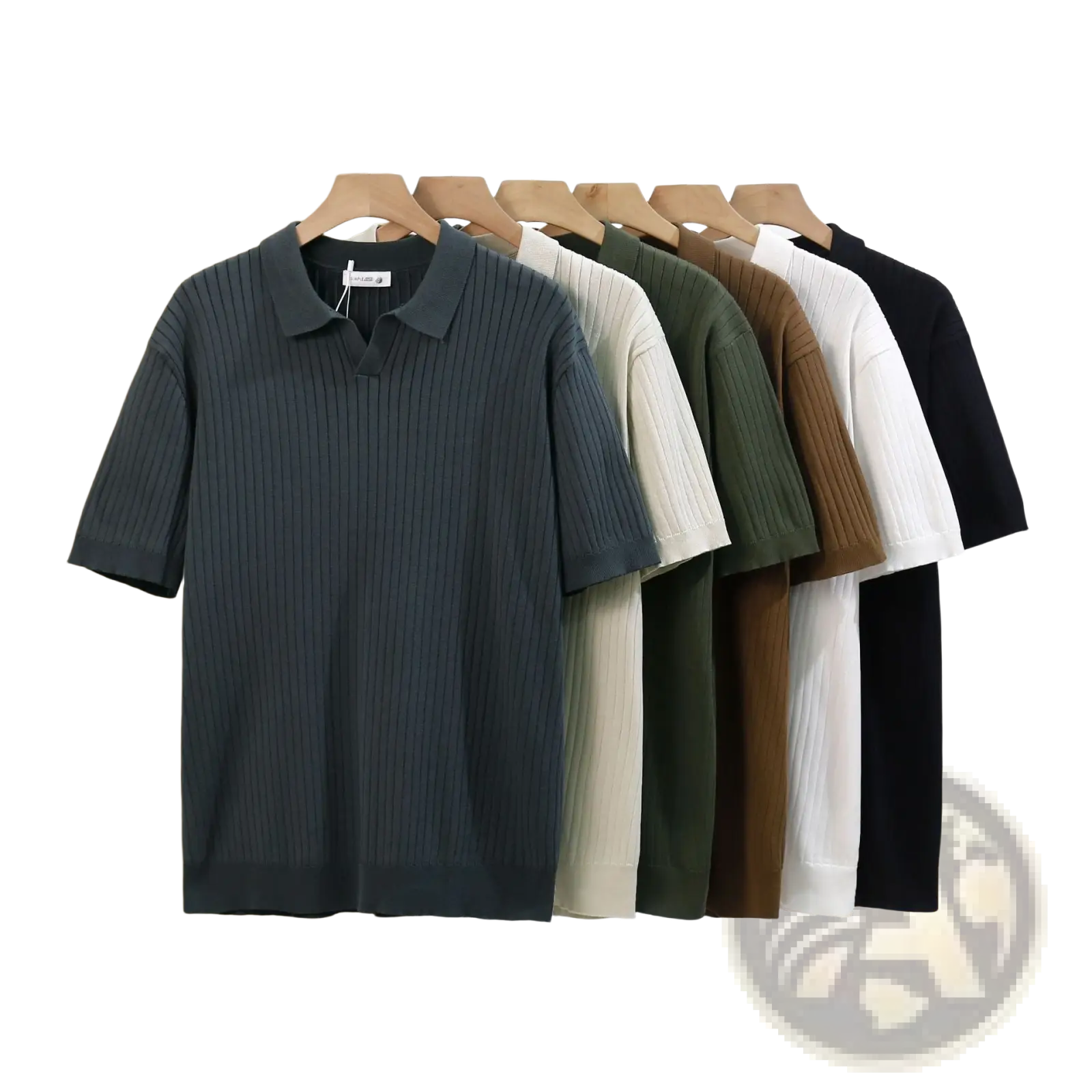 Dark gray ribbed knit polo shirt with classic collar and short sleeves from the striped jacquard knit polo shirt collection