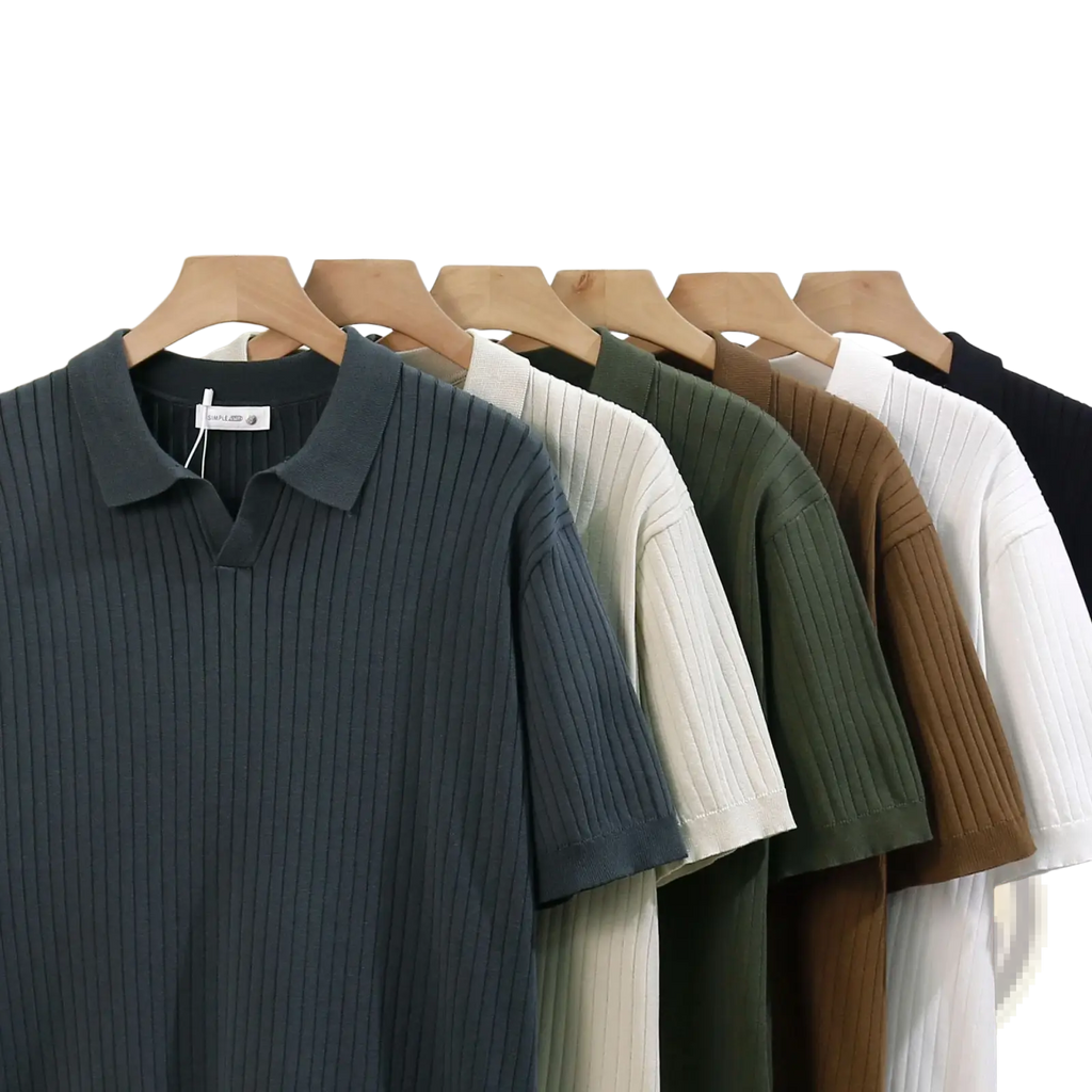 Dark gray ribbed knit polo shirt with classic collar and short sleeves in a striped jacquard knit design
