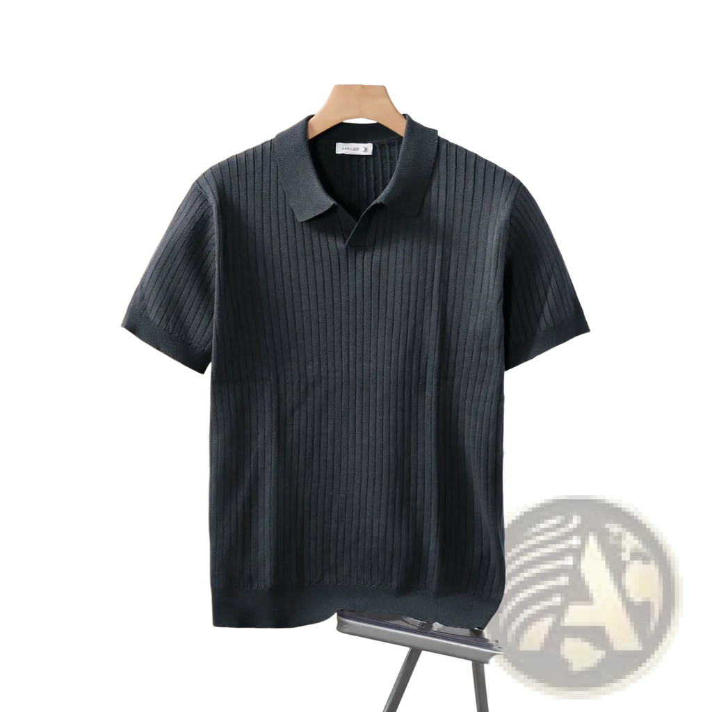 Dark gray ribbed knit polo shirt with classic collar and short sleeves hanging on wooden hanger for casual wear
