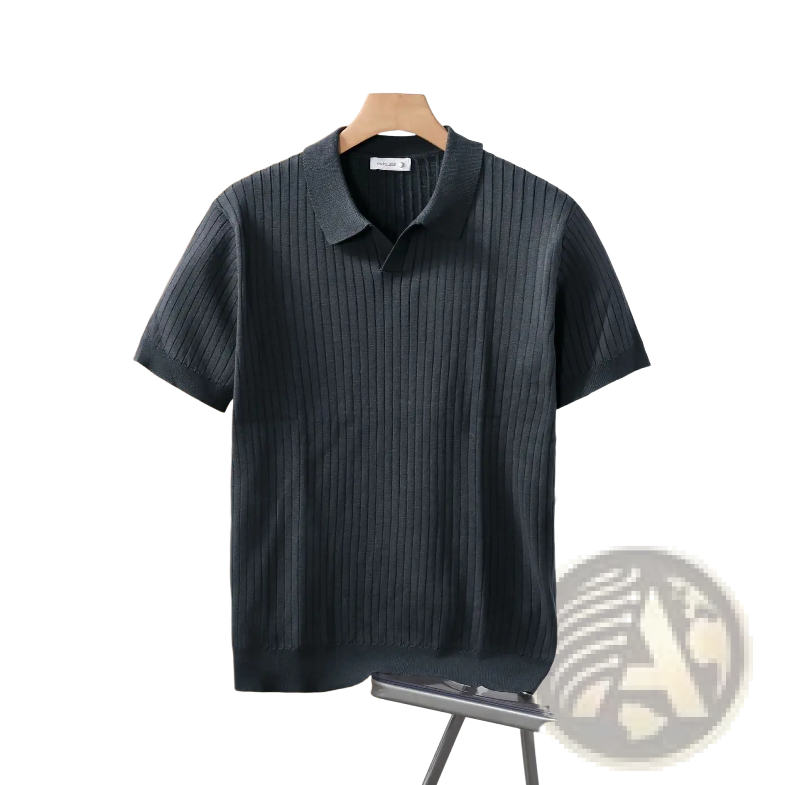Dark gray ribbed knit polo shirt with classic collar and short sleeves hanging on wooden hanger for casual wear