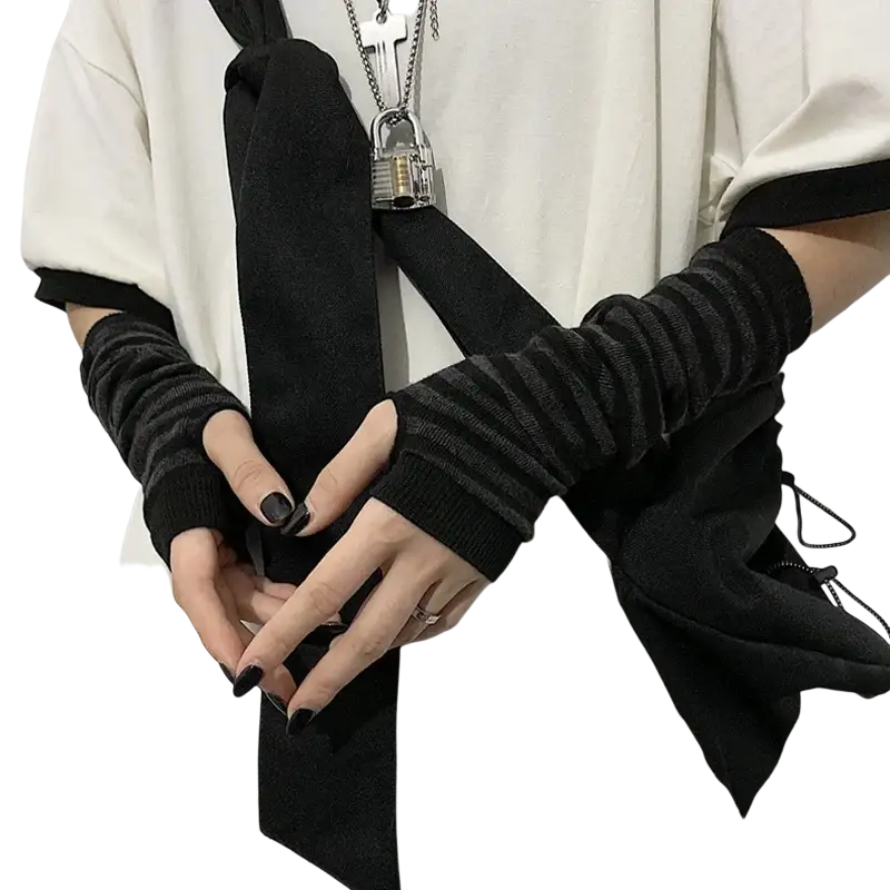 Black striped knit fingerless gloves made of soft knit fabric ideal for stylish arm warmers and finger mobility