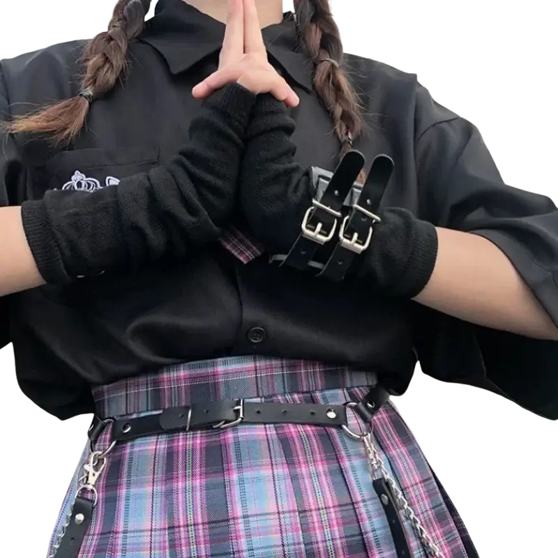 Black leather gloves with dual silver buckles and ribbed cuffs shown from the back side in striped knit fingerless arm warmers style