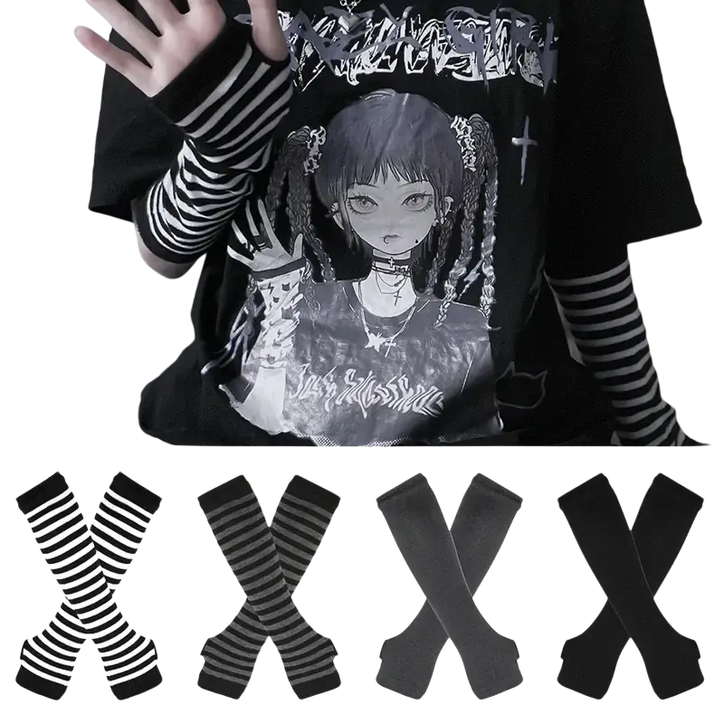 Black and white striped knit fingerless arm warmers with ribbed cuffs in long sleeve design
