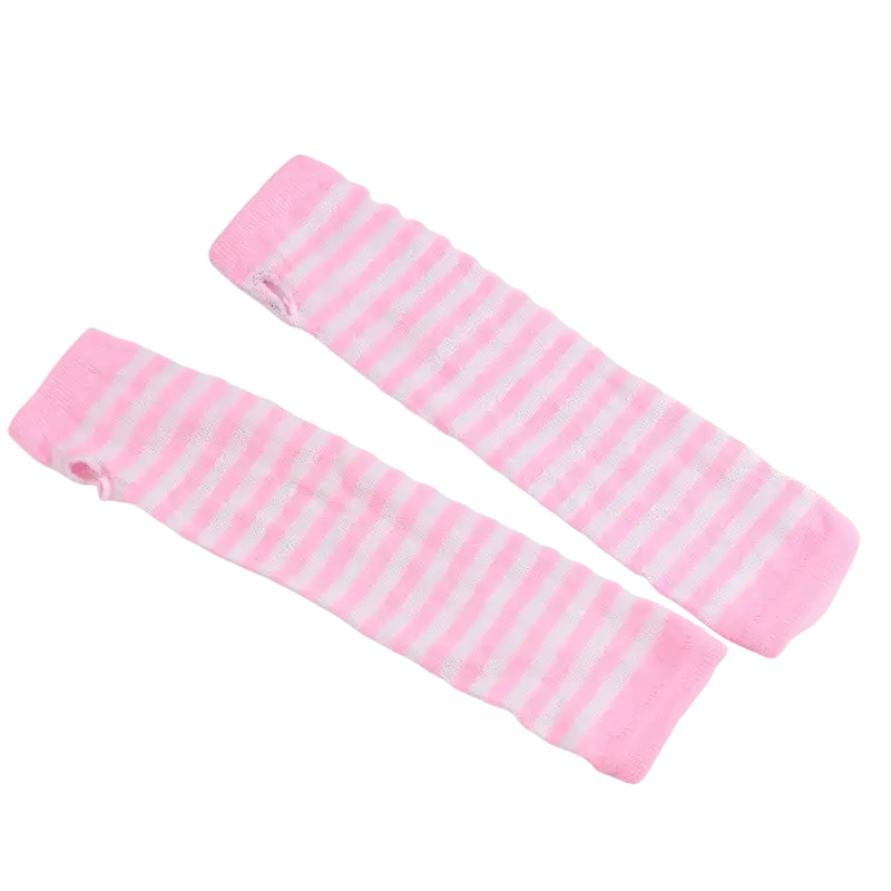 Striped knit fingerless arm warmers in pink and white made of soft knit fabric for comfortable wear