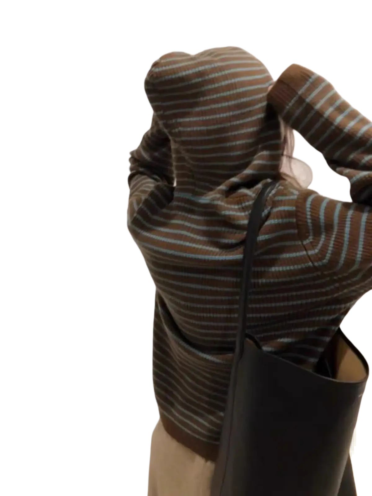 Striped knit hooded sweater for women in brown and light blue with soft ribbed texture and comfortable fit