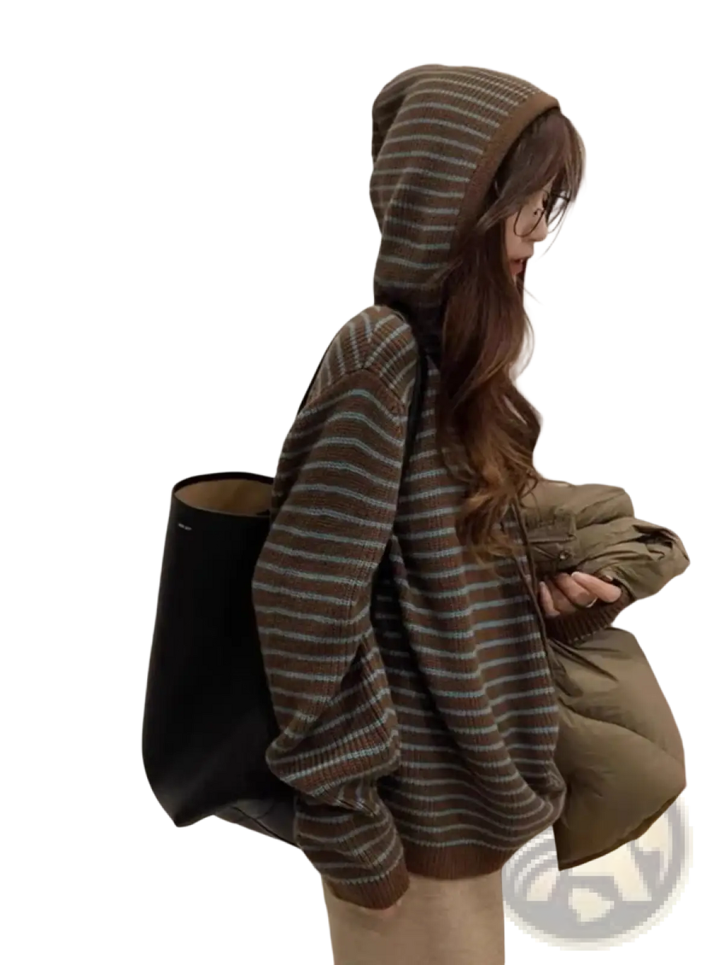 Striped knit hooded sweater for women in brown and teal with a cozy oversized fit and soft knit material