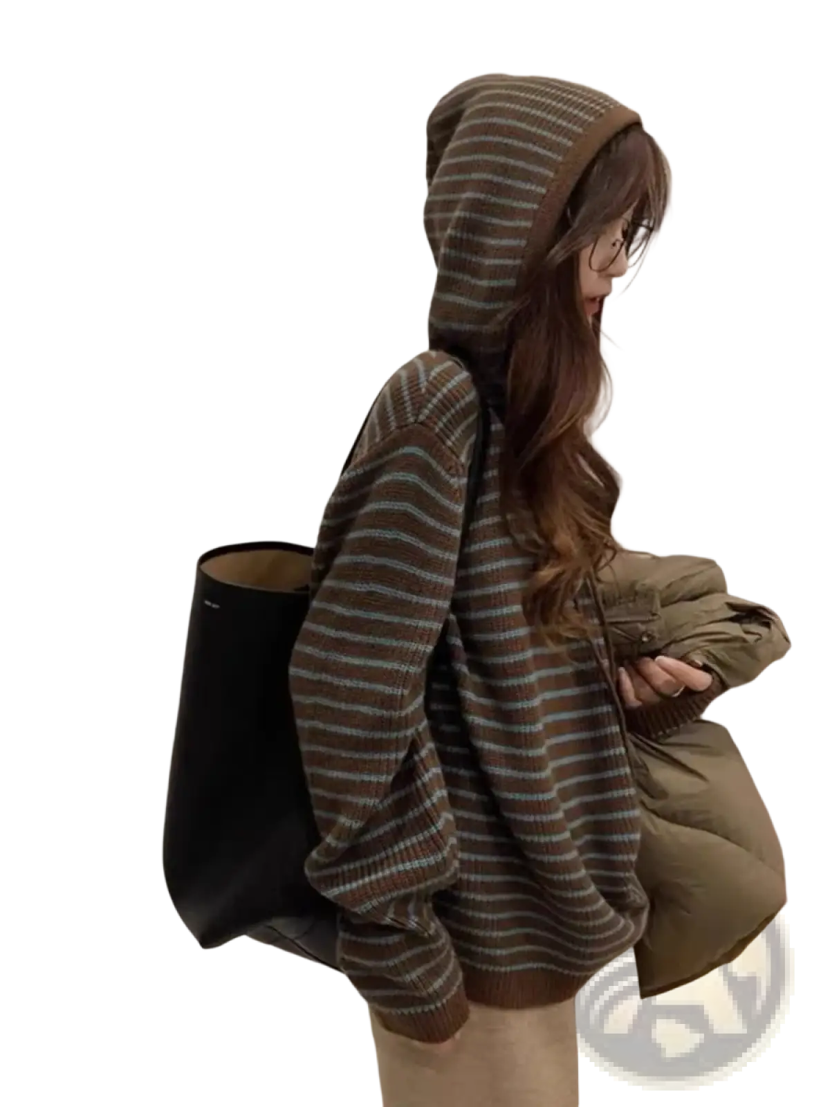 Striped knit hooded sweater for women in brown and teal with a cozy oversized fit and soft knit material