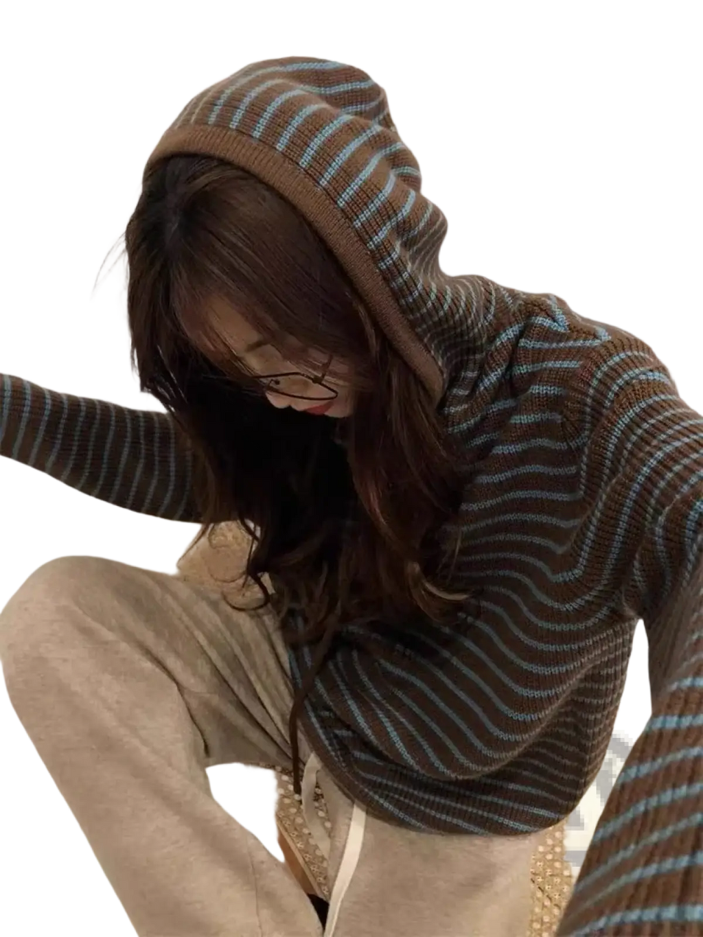 Brown and teal striped knit hooded sweater for women featuring a cozy knit fabric and casual design
