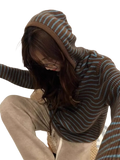 Brown and teal striped knit hooded sweater for women featuring a cozy knit fabric and casual design