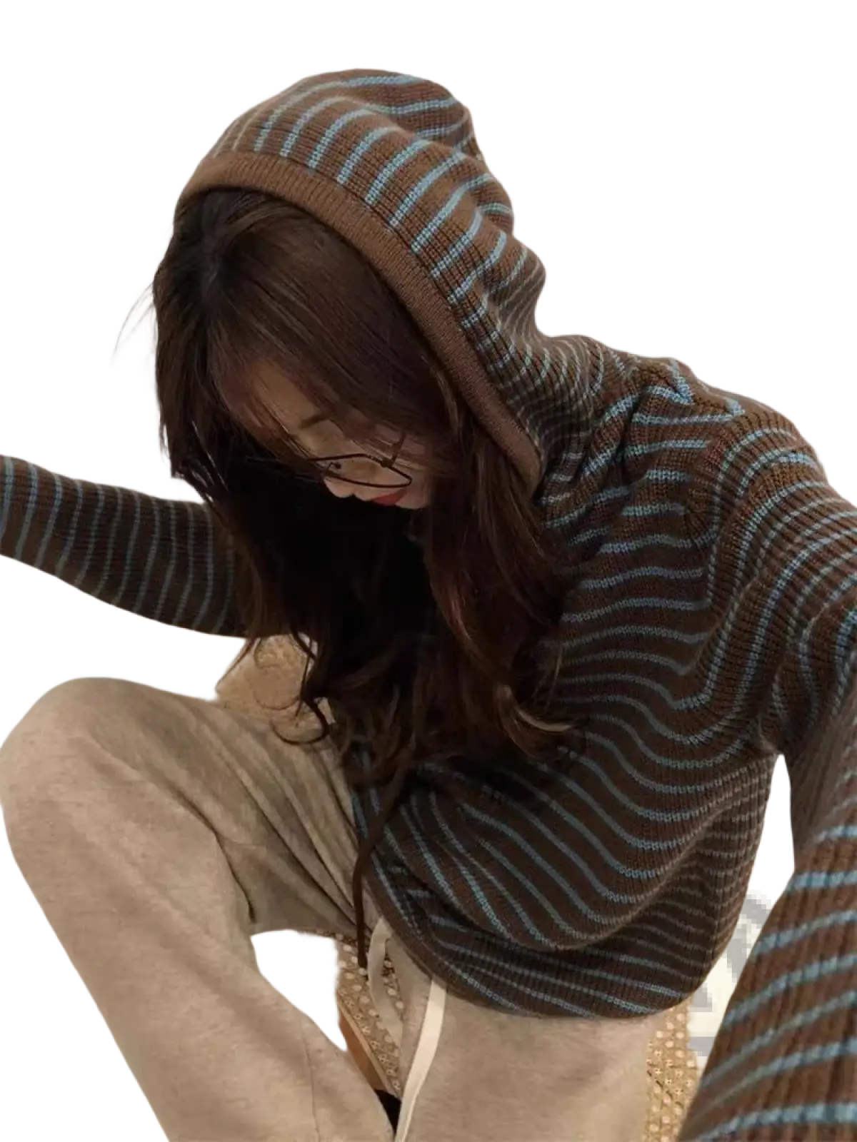 Brown and teal striped knit hooded sweater for women featuring a cozy knit fabric and casual design