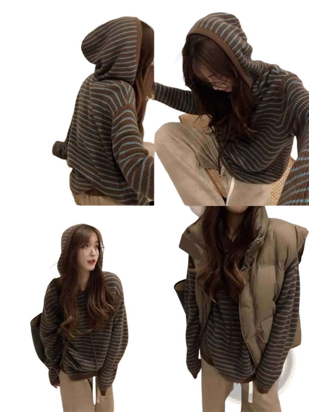 Striped knit hooded sweater for women in soft knit fabric with horizontal gray and muted blue stripes and long sleeves