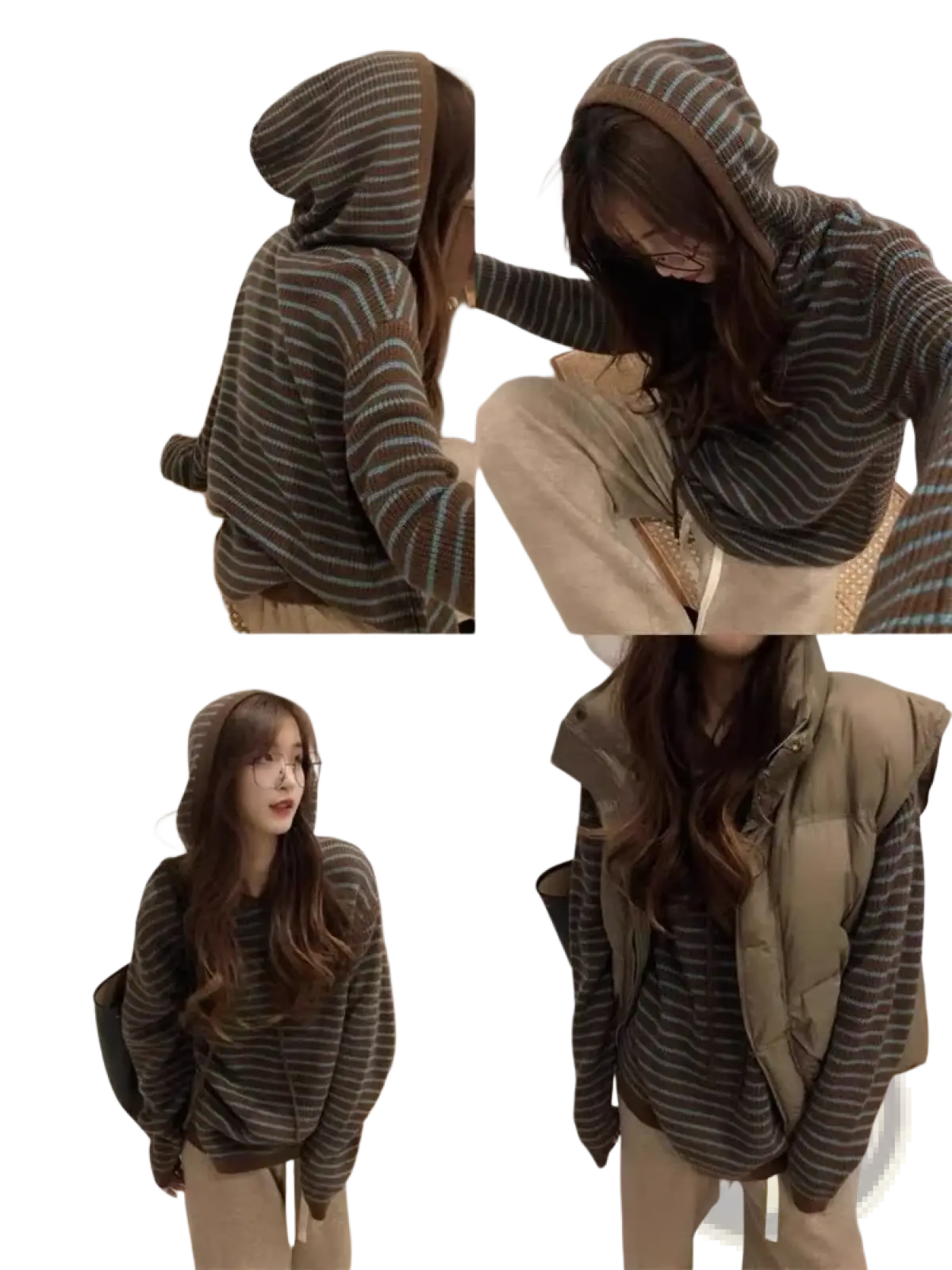 Striped knit hooded sweater for women in soft knit fabric with horizontal gray and muted blue stripes and long sleeves