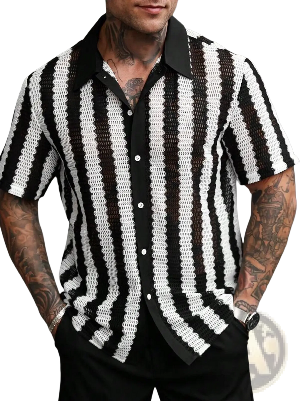 Black and white vertically striped knit short sleeve button up shirt with mesh texture for casual wear