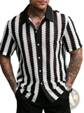 Black and white vertically striped knit short sleeve button up shirt with mesh texture for casual wear