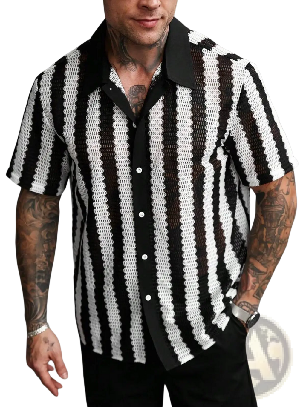 Black and white striped knit short sleeve shirt with a textured chain-link pattern and button-up front