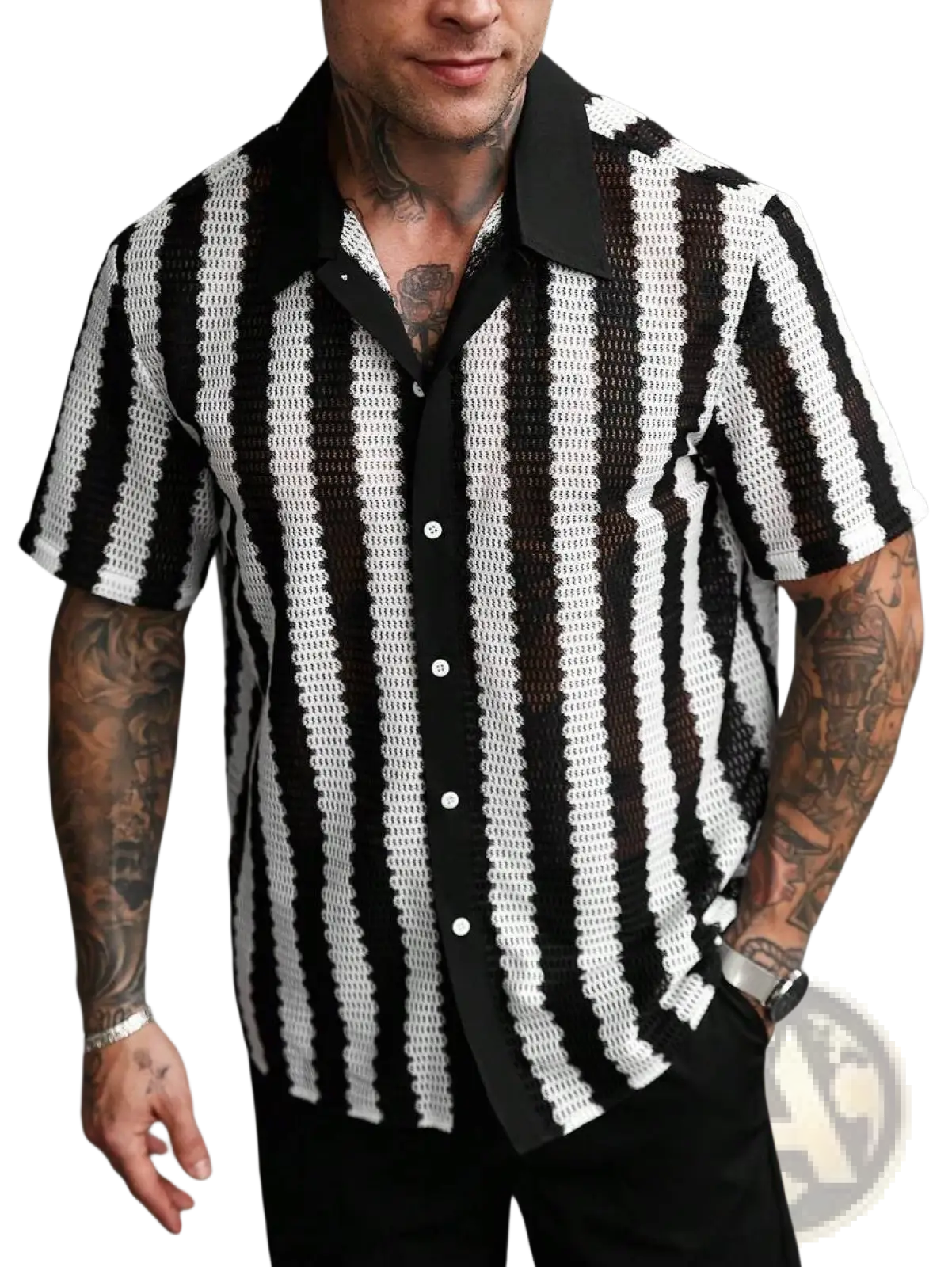 Black and white striped knit short sleeve shirt with a textured chain-link pattern and button-up front