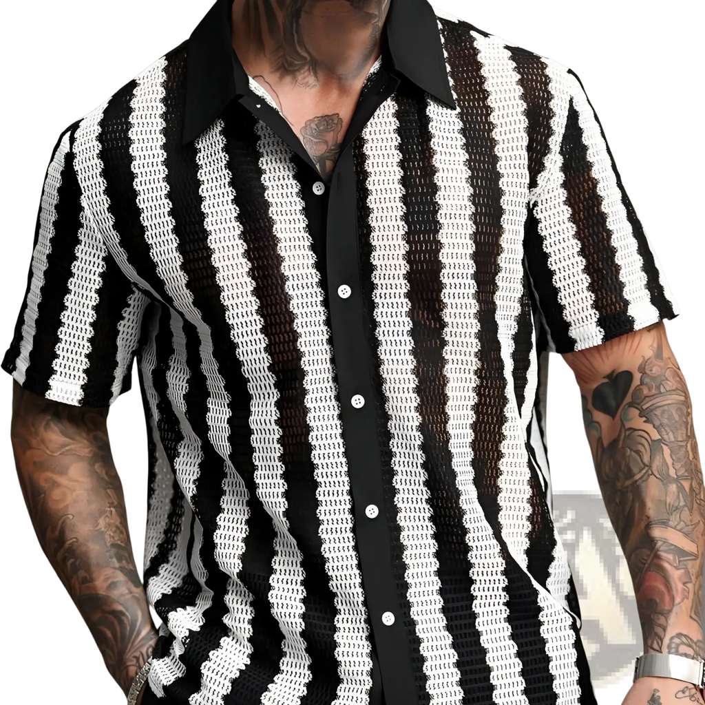 Black and white striped knit short sleeve button-up shirt with a solid black collar for casual wear