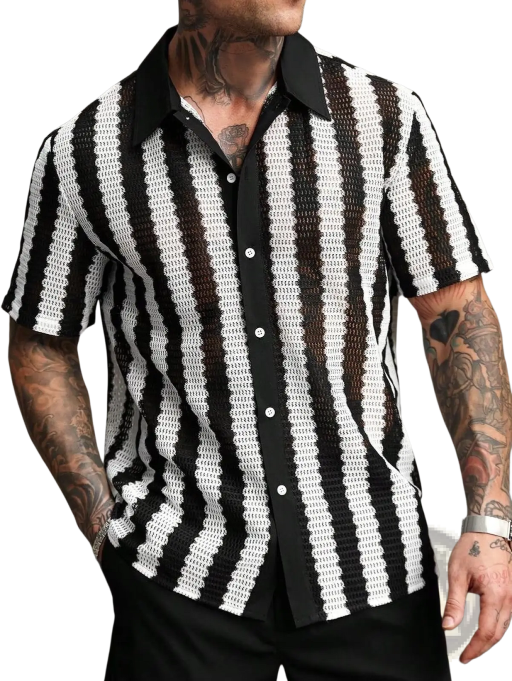 Black and white striped short sleeve shirt with textured woven knit pattern and button up front