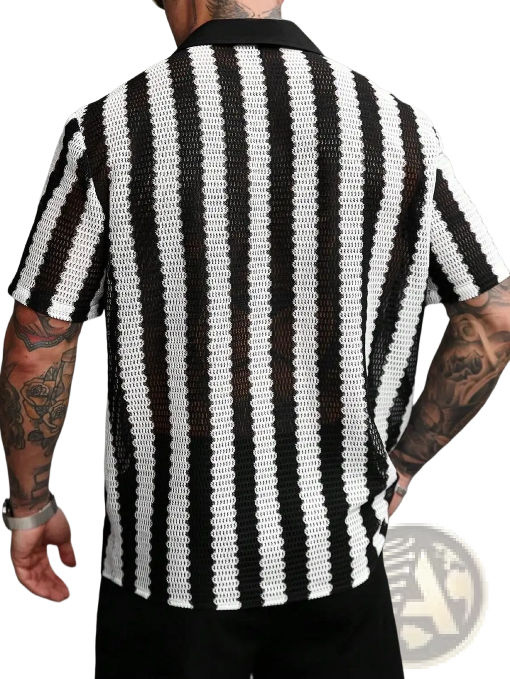 Black and white vertically striped knit short sleeve shirt with a collar perfect for casual wear
