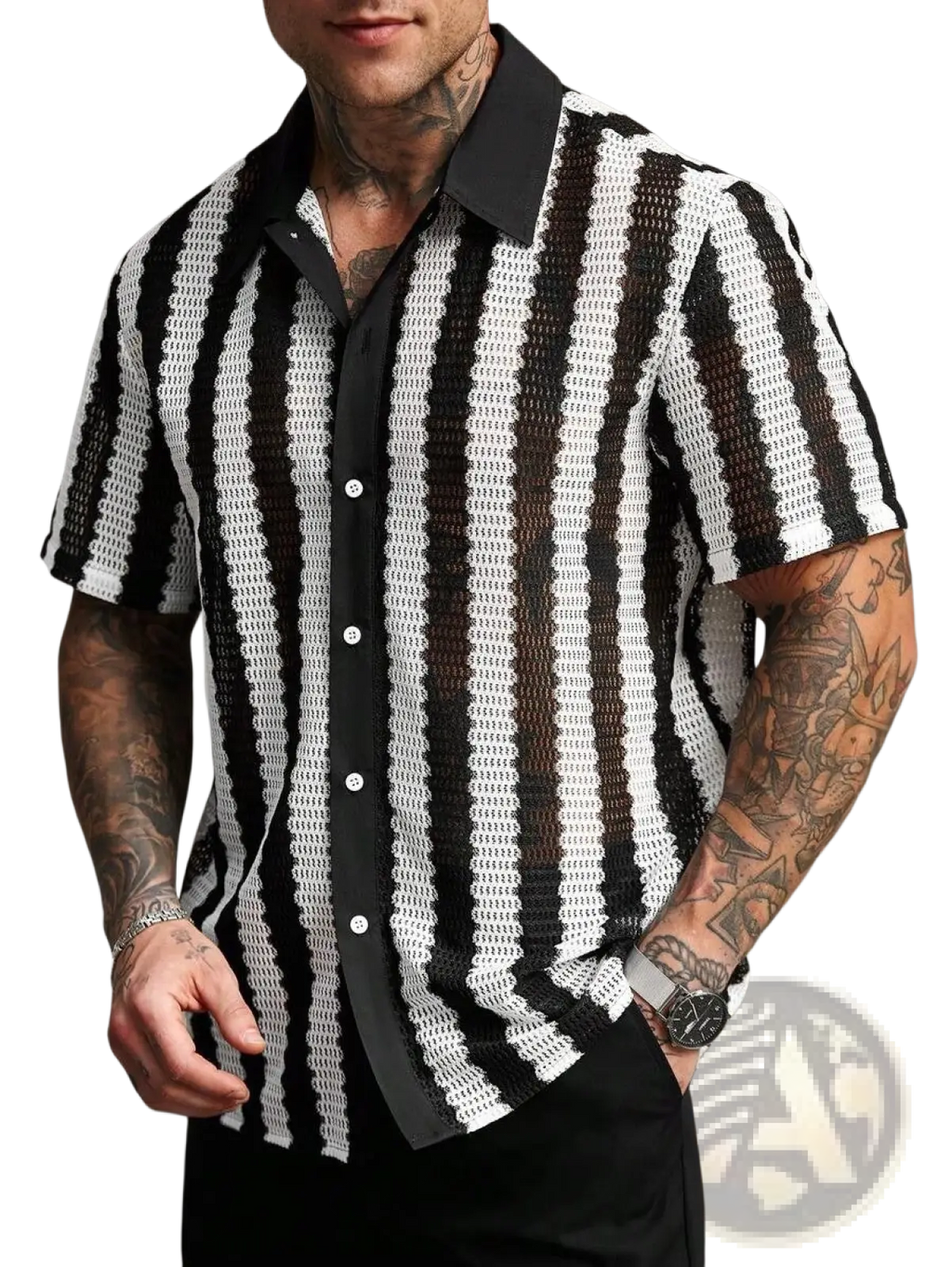 Striped knit short sleeve shirt black white with black and white vertical stripes and textured open-weave fabric