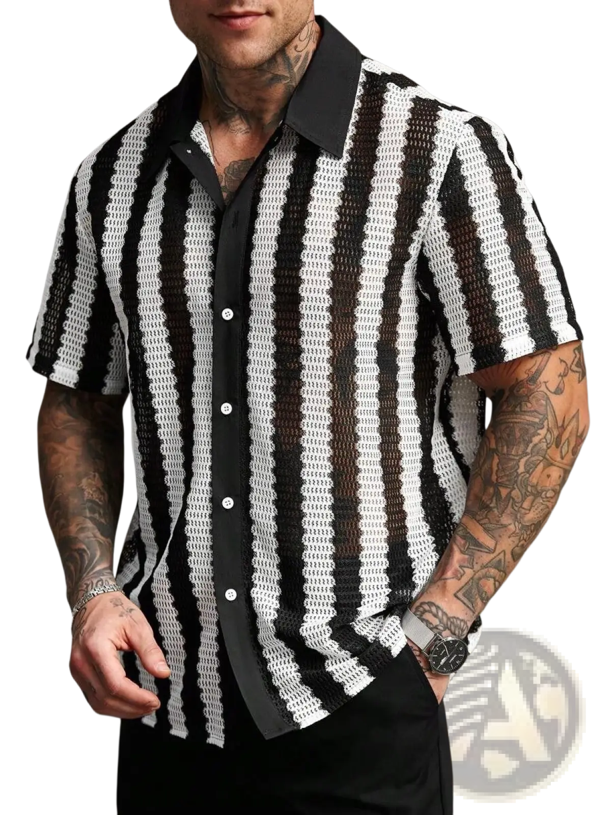Striped knit short sleeve shirt black white with black and white vertical stripes and textured open-weave fabric