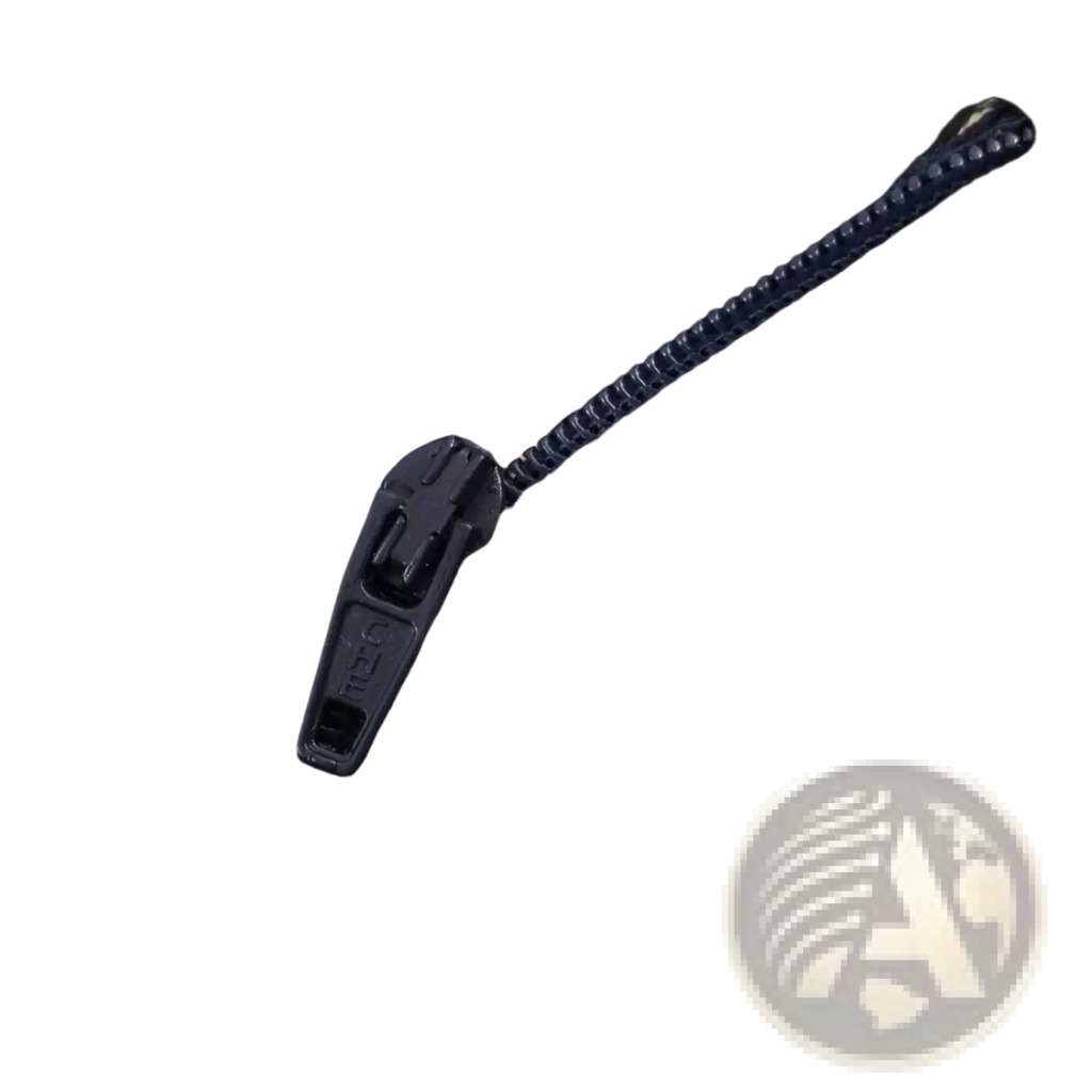 Black plastic zipper with textured pull tab on dark navy striped linen blend suit set fabric close-up view