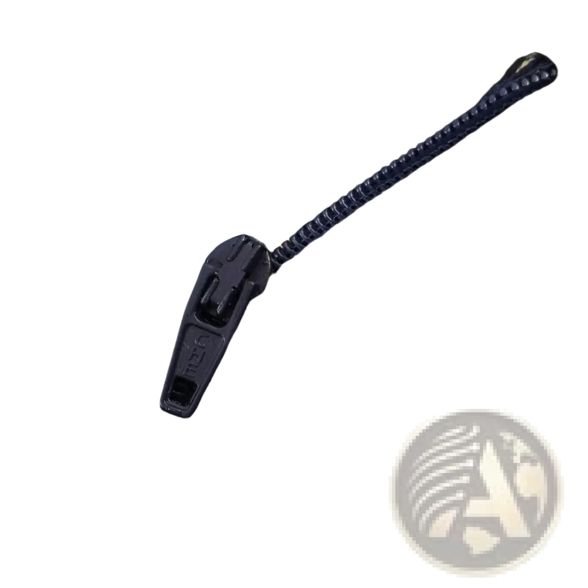 Black plastic zipper with textured pull tab on dark navy striped linen blend suit set fabric close-up view