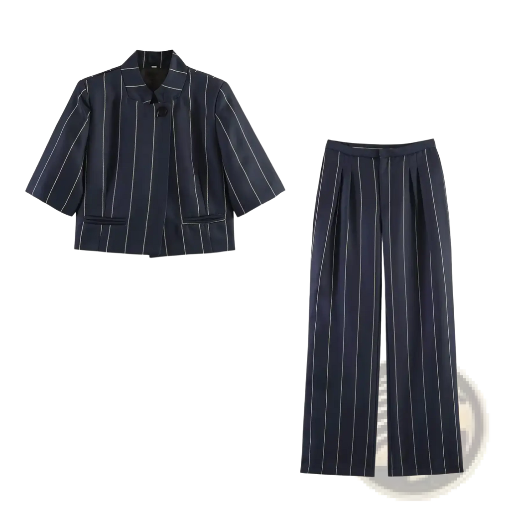 Navy blue linen blend pinstripe two-piece suit set with white vertical stripes featuring a structured blazer and wide-leg trousers
