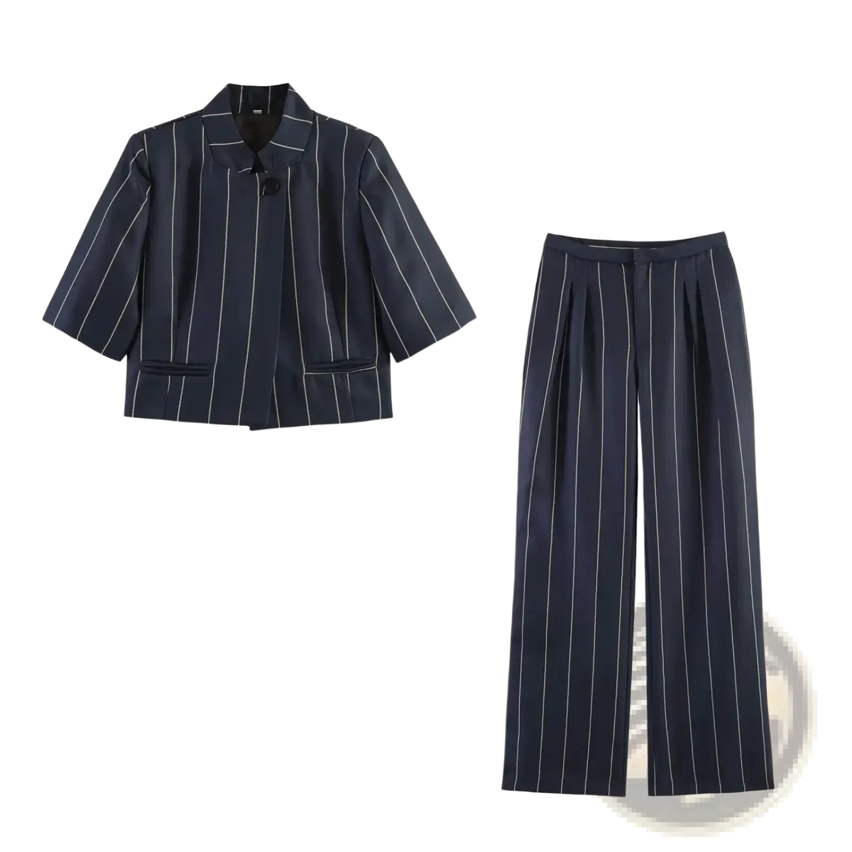 Navy blue linen blend pinstripe two-piece suit set with white vertical stripes featuring a structured blazer and wide-leg trousers