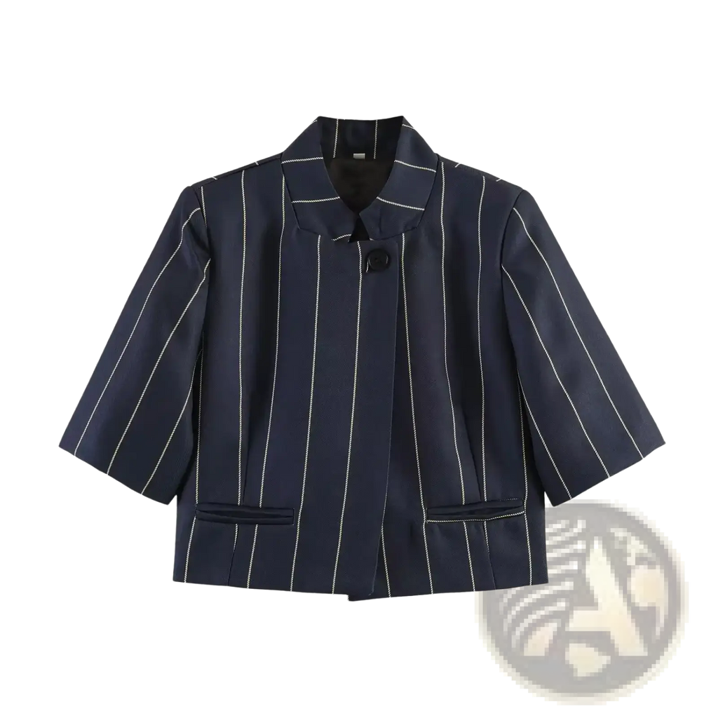 Navy blue linen blend pinstripe blazer with white vertical stripes and single black button closure from striped linen blend suit set