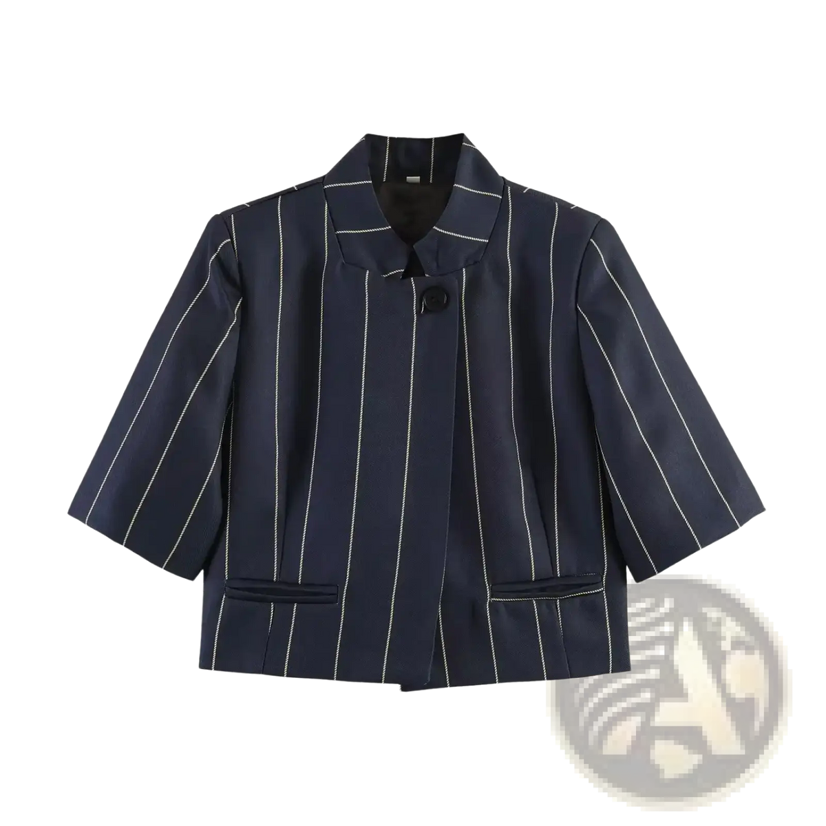Navy blue linen blend pinstripe blazer with white vertical stripes and single black button closure from striped linen blend suit set