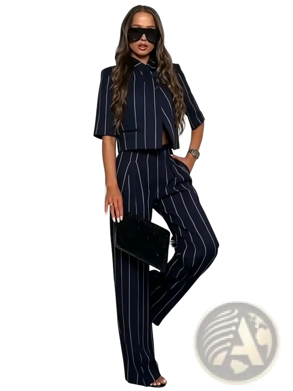 Navy blue pinstripe two-piece linen blend suit set with short sleeves and wide-leg trousers shown from the back