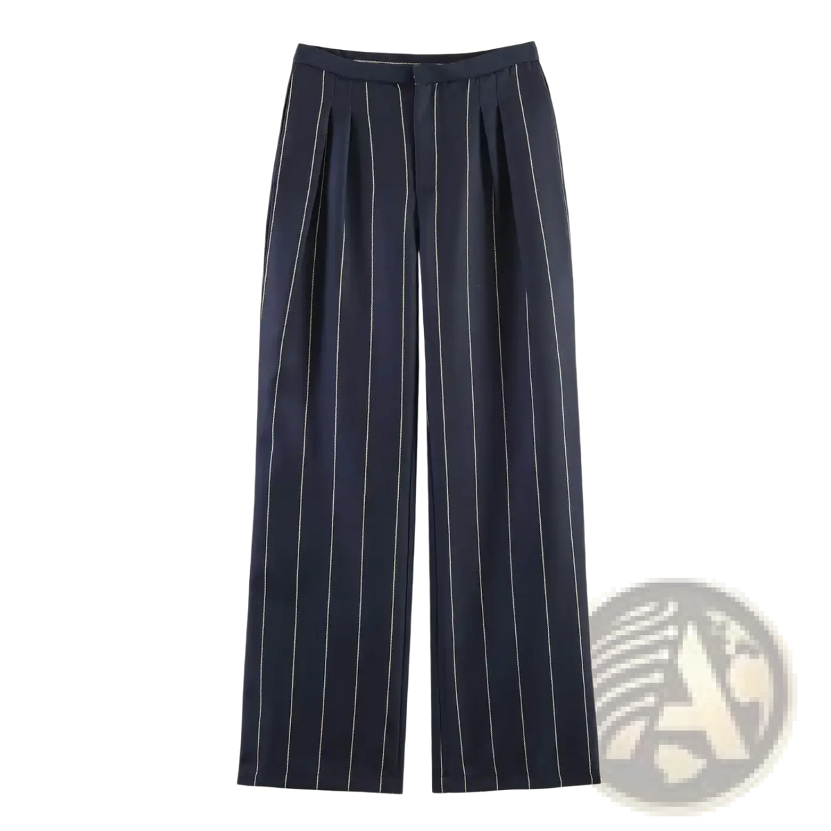 Navy blue linen blend wide-leg trousers with subtle white vertical pinstripes from striped linen blend suit set