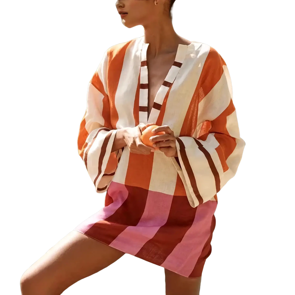 A vibrant orange white and pink striped linen v-neck mini dress with flared sleeves and a cover-up style