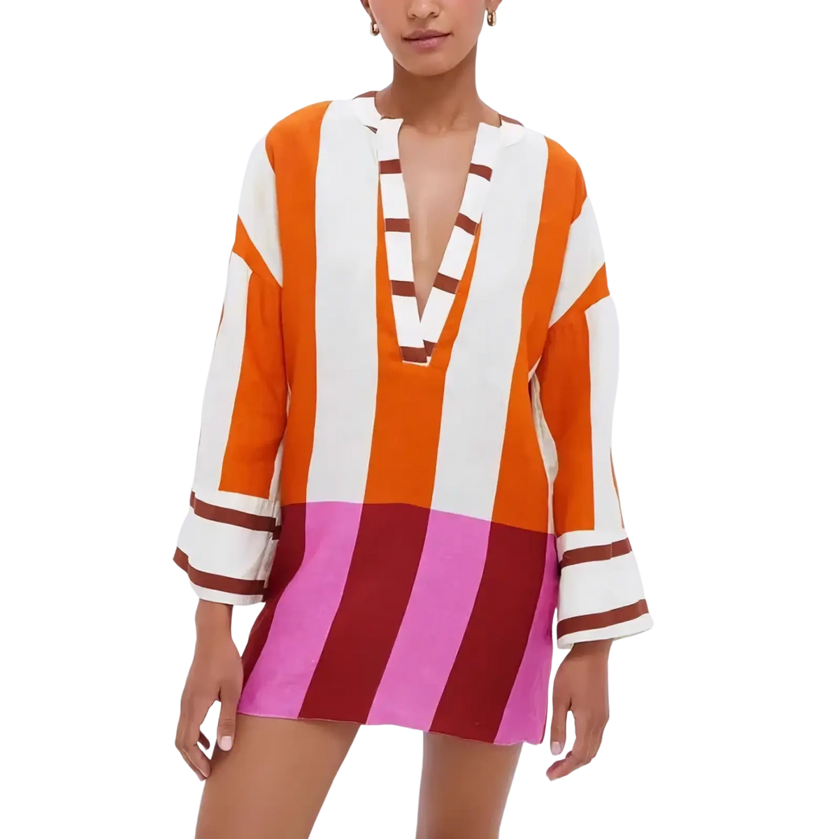 A vibrant orange white and pink striped linen v-neck mini dress with brown trim details