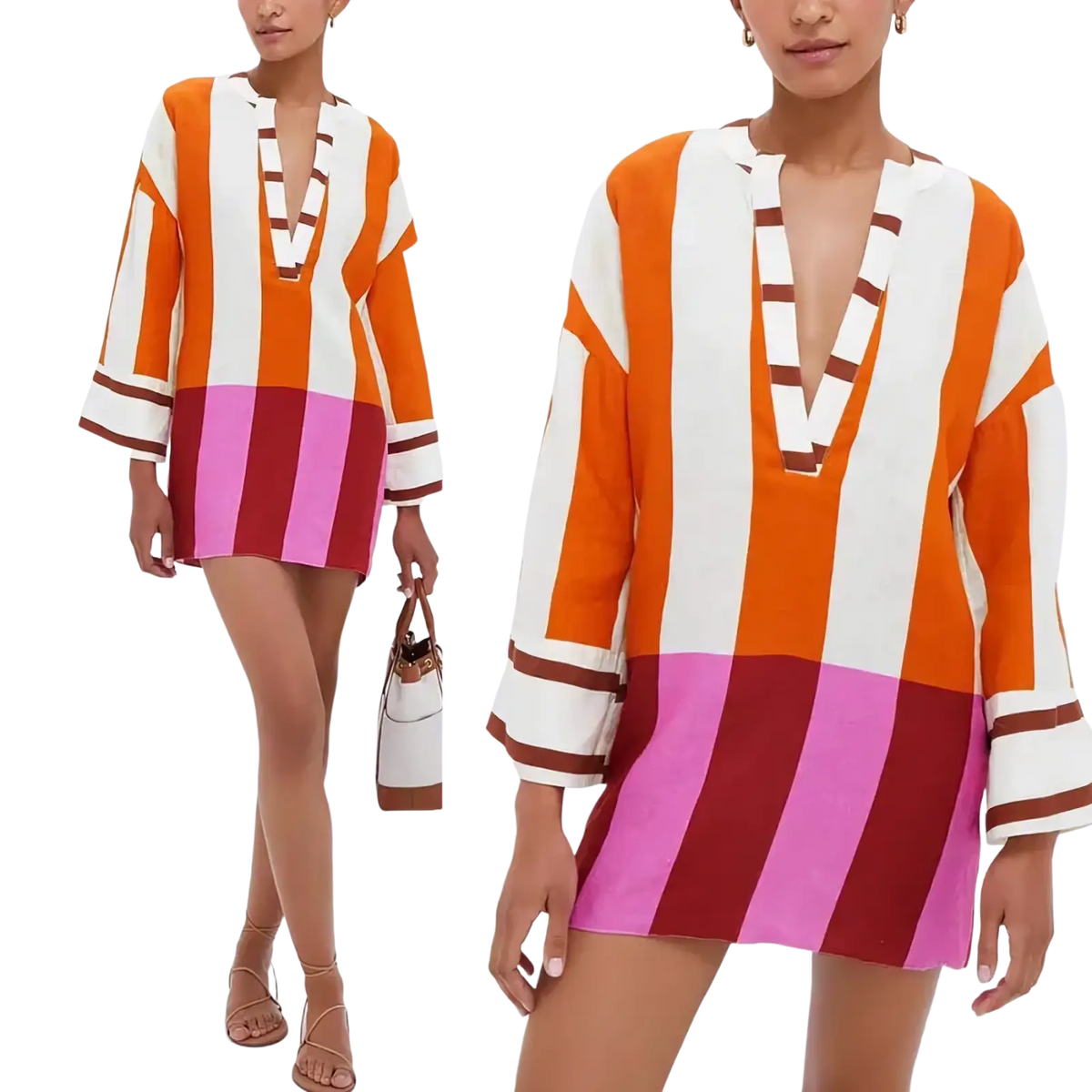 A vibrant orange white and pink striped linen v neck mini dress with bell sleeves and a relaxed fit