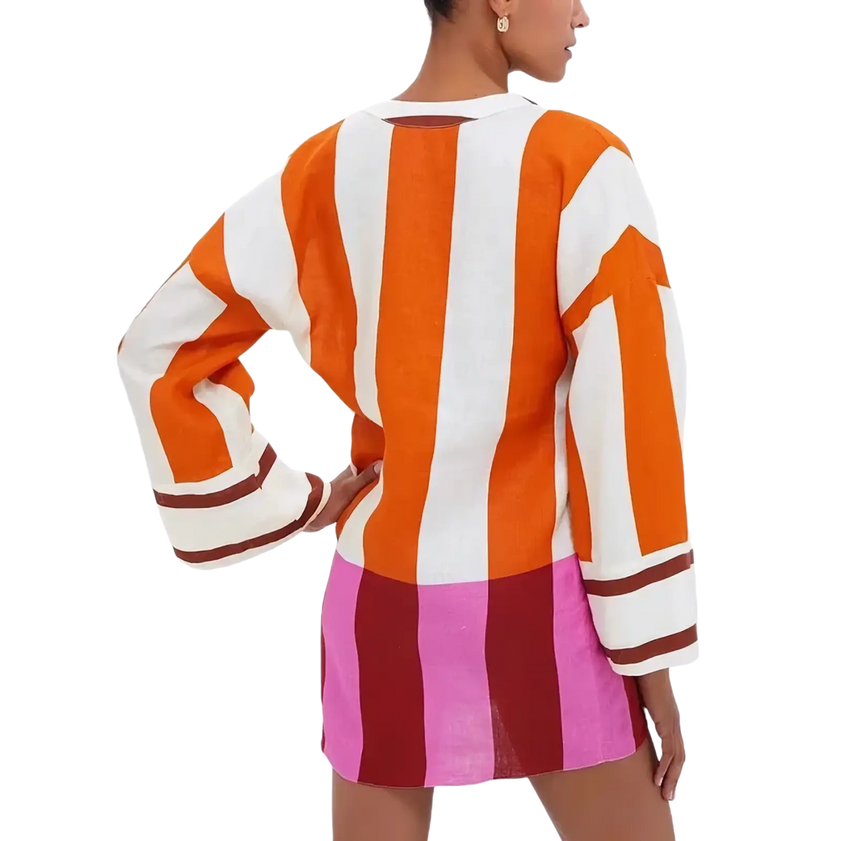 A vibrant orange white and pink striped linen v-neck mini dress with long sleeves and a high waisted hem