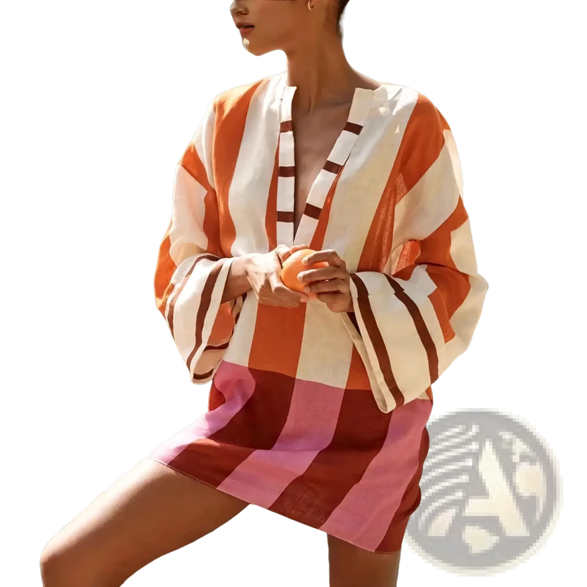 A vibrant orange white and pink striped linen v-neck mini dress with flared sleeves and a cover-up style