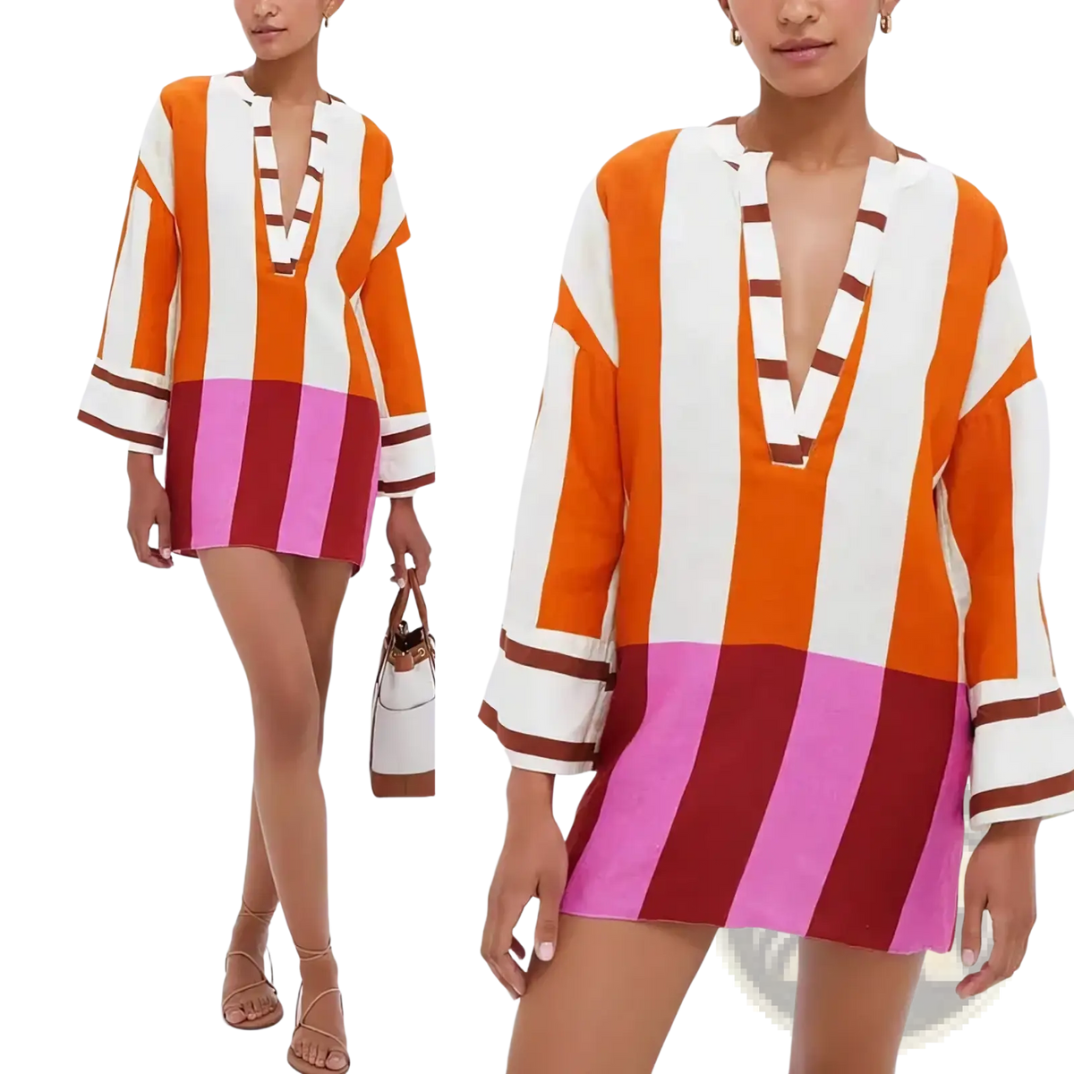 A vibrant orange white and pink striped linen v neck mini dress with bell sleeves and a relaxed fit