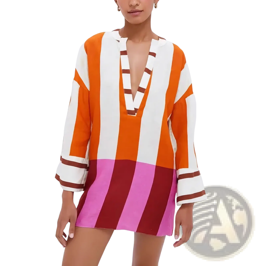 A vibrant orange white and pink striped linen v-neck mini dress with brown trim details
