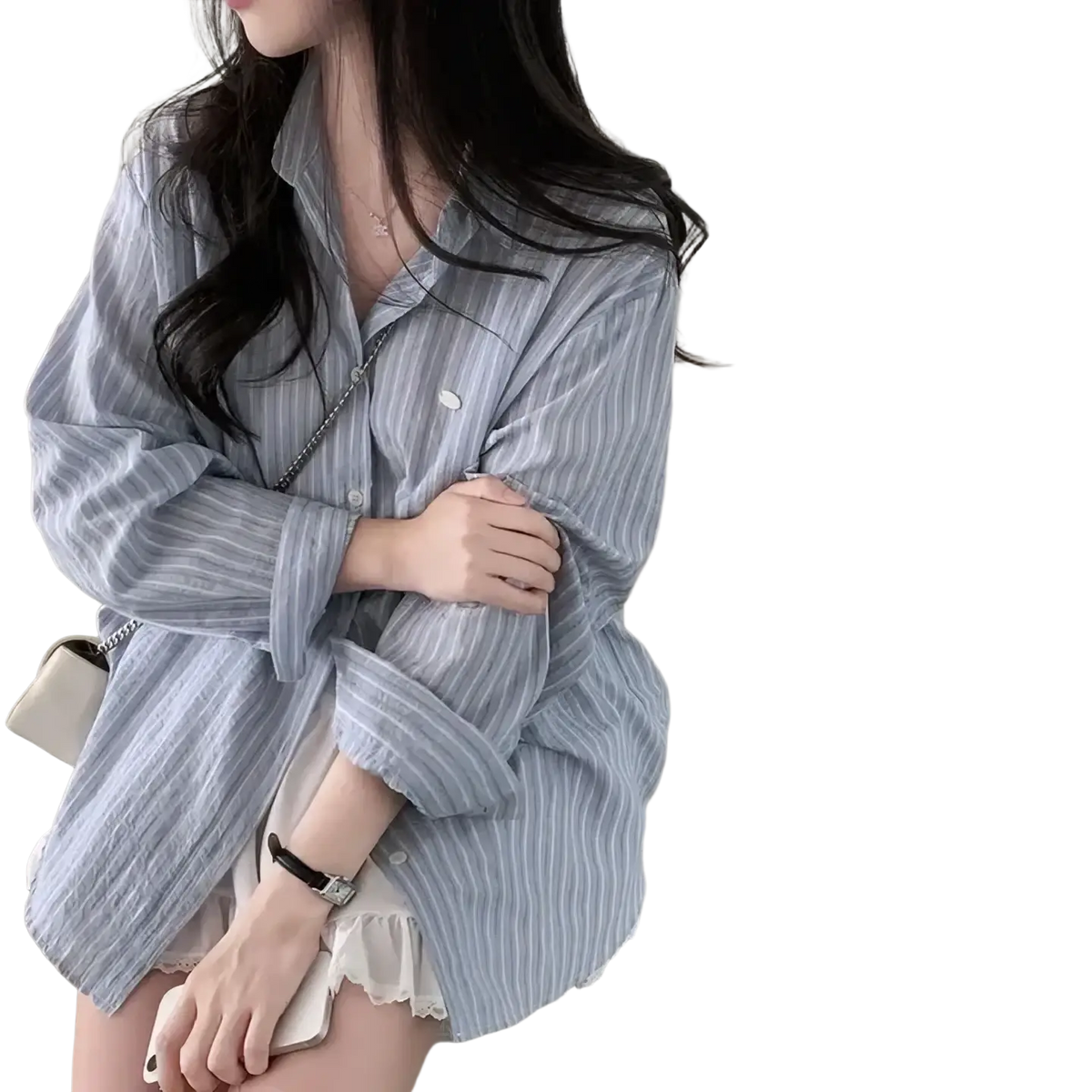 Striped long sleeve button down shirt in light blue and white with versatile style and standard thickness fabric