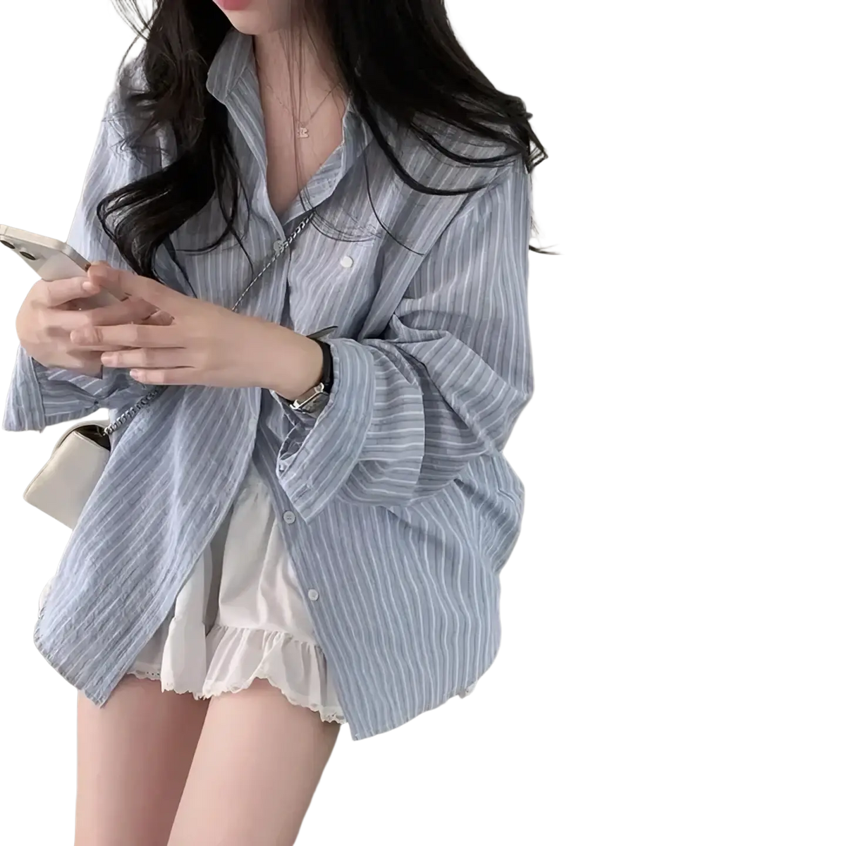 Light blue and white striped long sleeve button down shirt with versatile style and standard thickness fabric