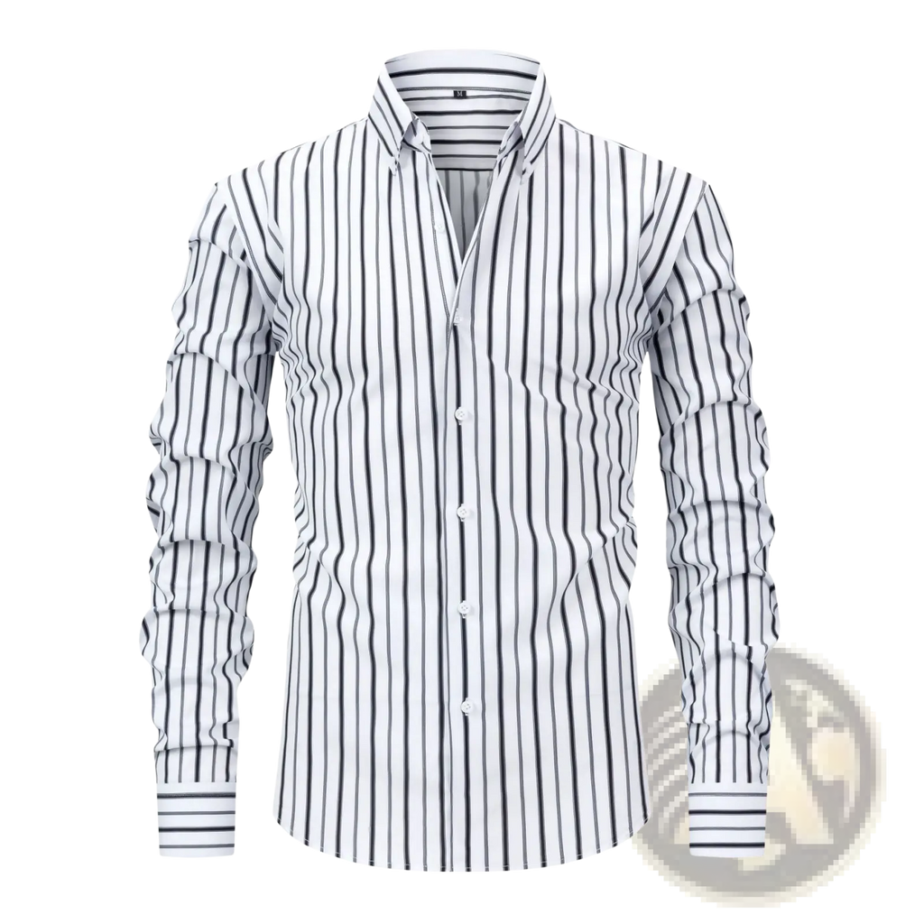 A crisp white striped long sleeve button down shirt with bold black vertical stripes and a classic collar