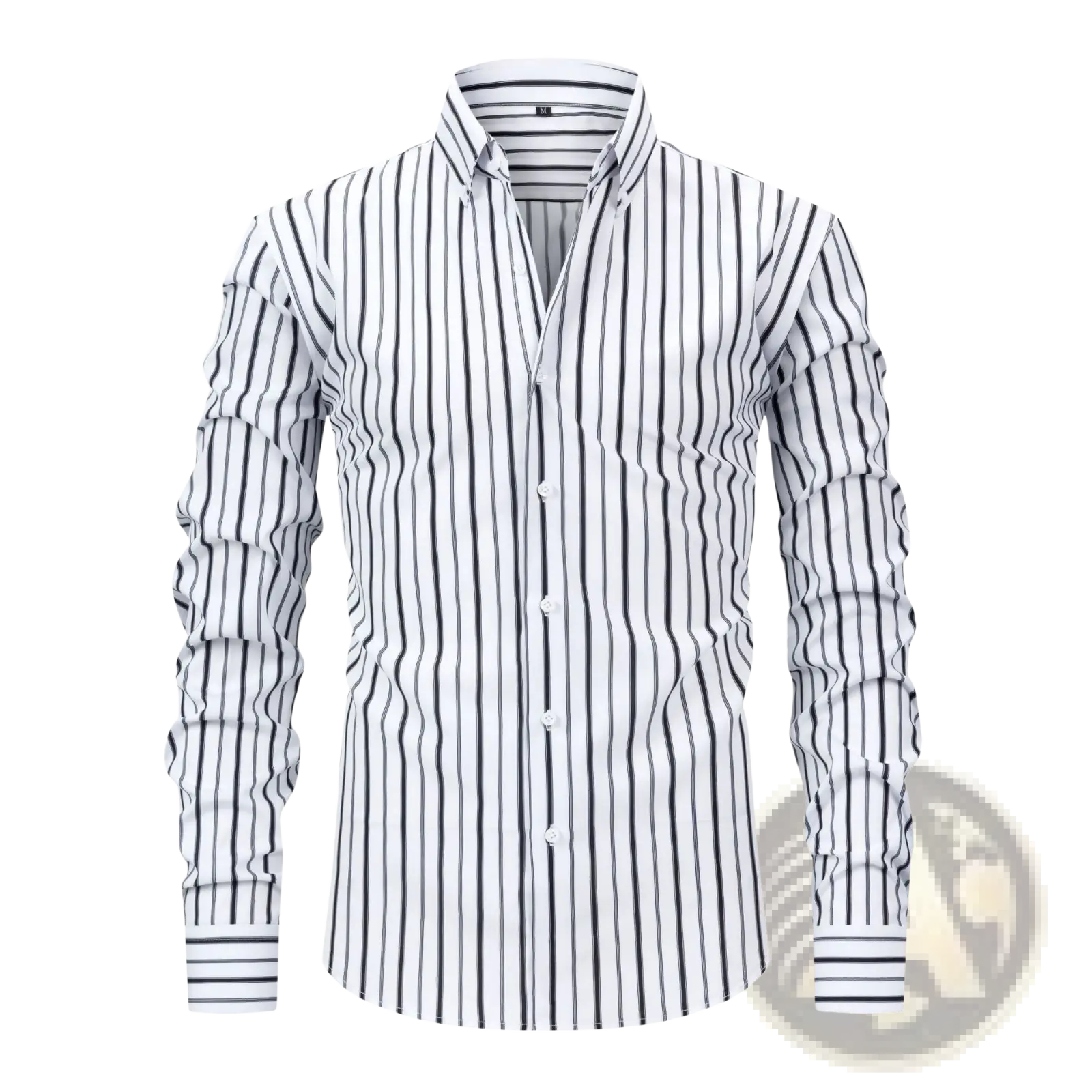 A crisp white striped long sleeve button down shirt with bold black vertical stripes and a classic collar