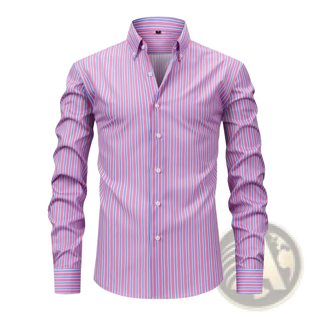 A men’s striped long sleeve button down shirt with vertical pink and light blue stripes and a classic collar